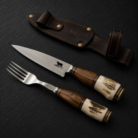Juego Picnic de cuchillo y tenedor con mango en madera y asta de ciervo